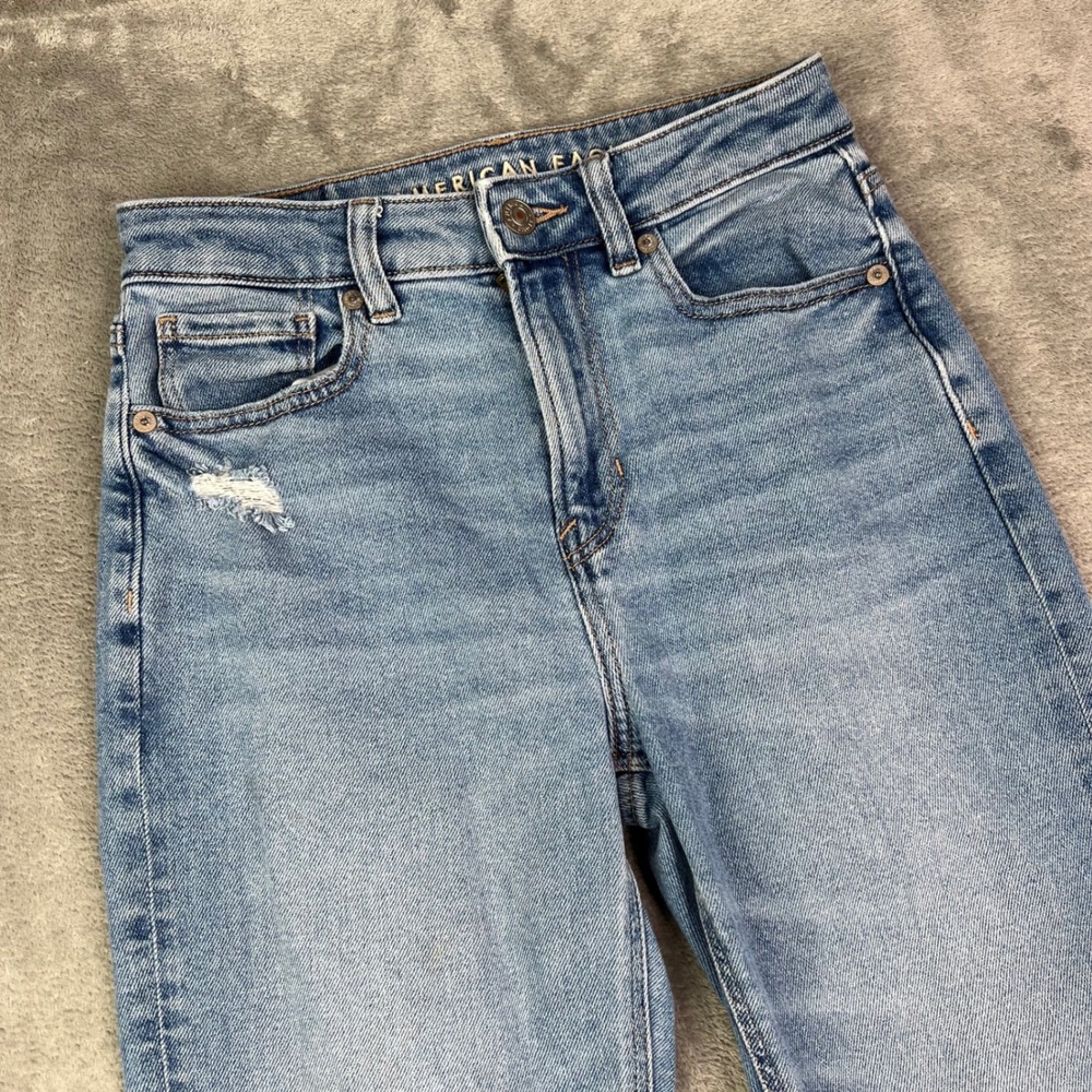 American Eagle Mom Jeans Womens 00 Light Wash Stretch Distressed High Rise - Picture 3 of 16
